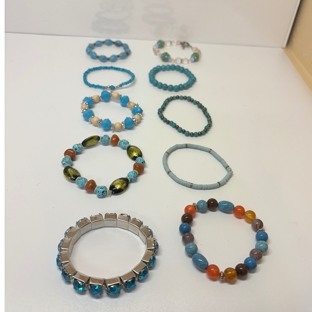 10pc Blue Beaded Bracelet Lot Turquoise Rhinestone Lampwork Boho Stacking Set